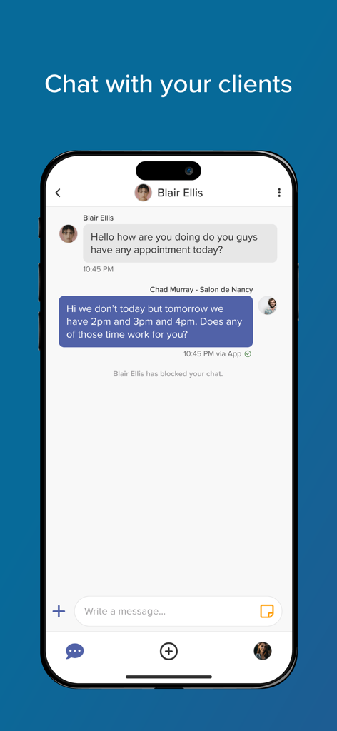 Connect: Business Messenger - Connect Business Messenger app interface showing a professional chat between a service provider and a client about scheduling appointments