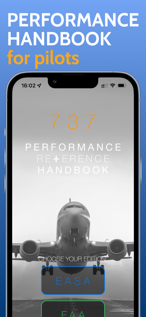 Splash screen of the B737 Performance Handbook mobile app showing a Boeing 737 and options to select EASA or FAA editions.