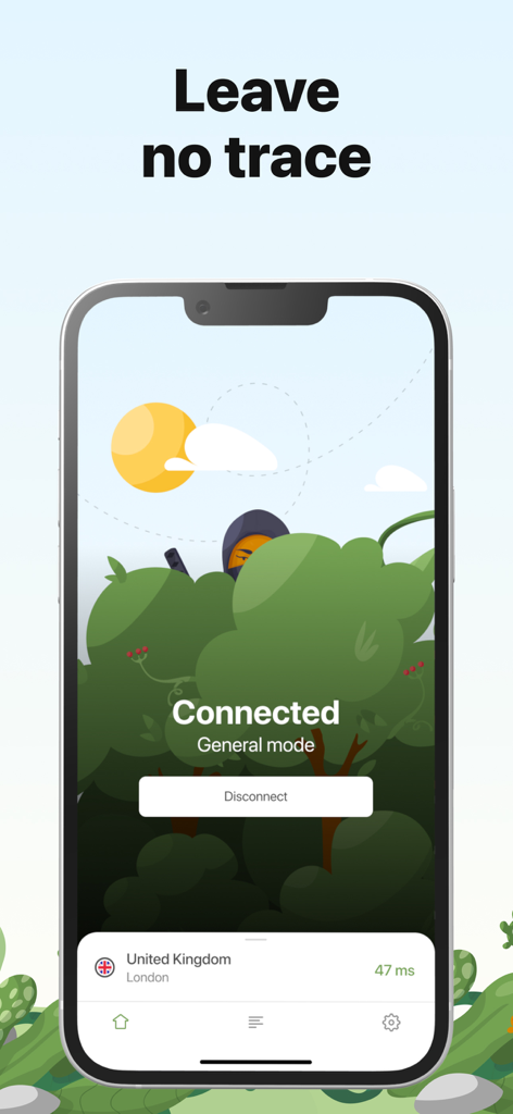 AdGuard VPN app interface showing a connected state to a United Kingdom server