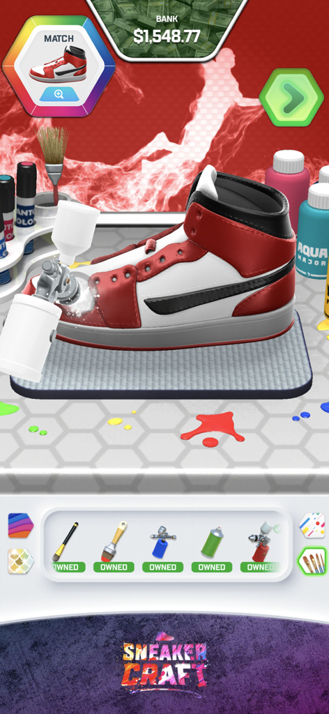 Sneaker Craft - DIY Shoe Art - Painting a custom red and white sneaker with an airbrush tool in the Sneaker Craft mobile game.