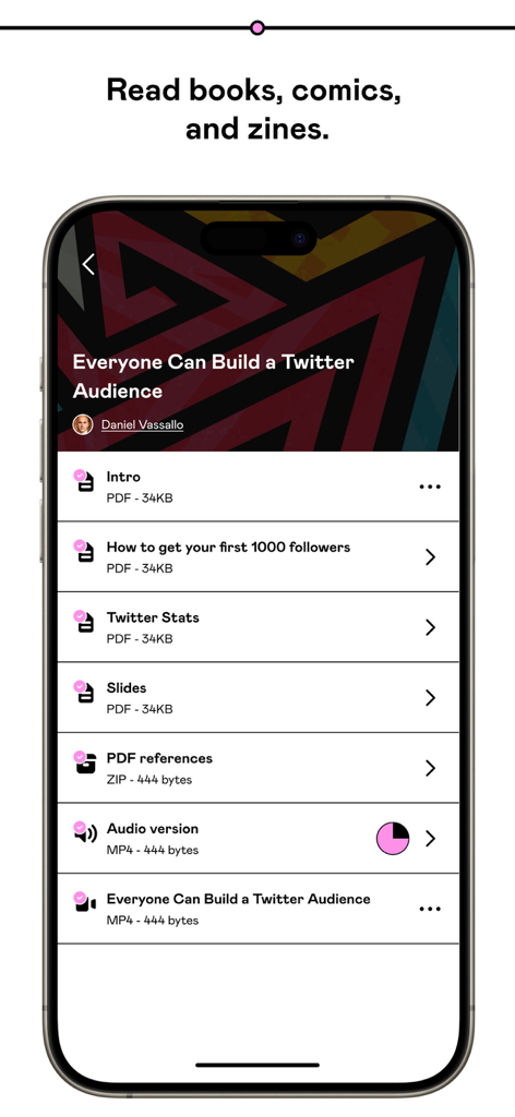 Gumroad app interface displaying a list of PDF and video files for a digital course.
