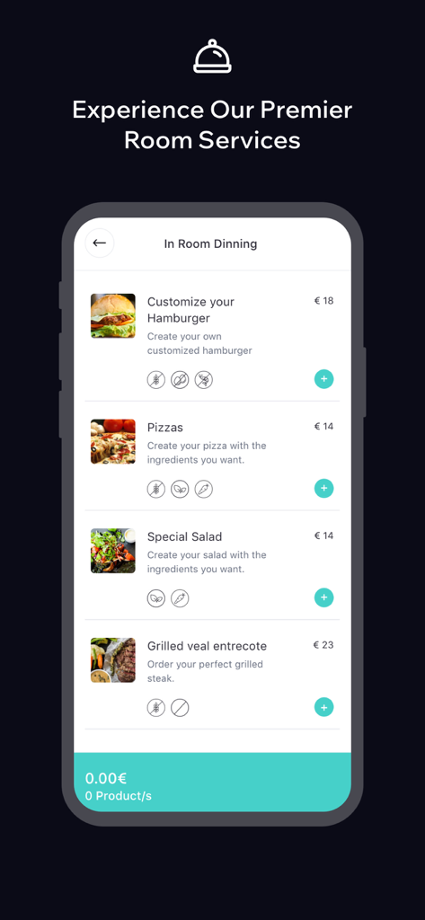 Pantalla móvil de la aplicación STAY Hotel Guest App mostrando un menú de servicio a la habitación con opciones de hamburguesas, pizzas y ensaladas.