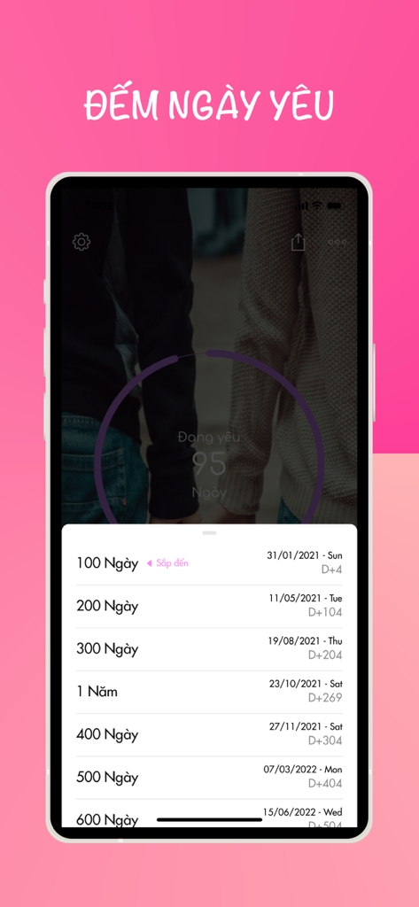 inlove - love counter - Pantalla móvil que muestra una lista de hitos de relación como los cien días y los aniversarios de un año