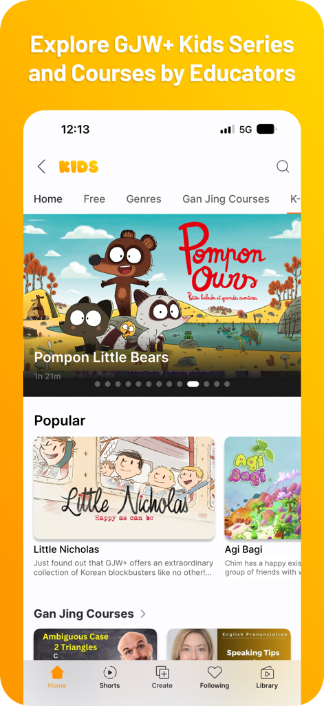 Schermata dell'app Gan Jing World con cartoni animati per bambini e video educativi
