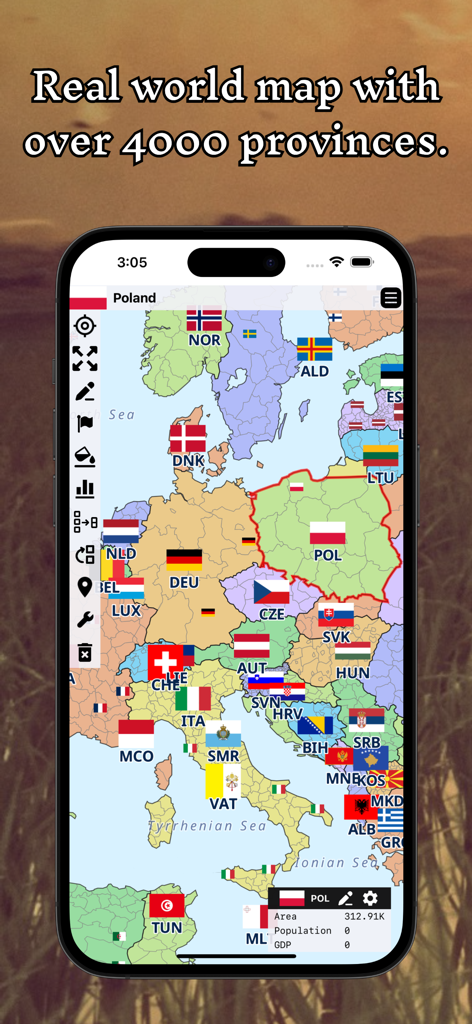 A map showing European countries and flags with detailed province borders