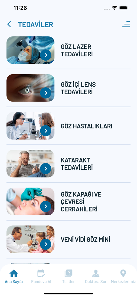 Veni Vidi Göz - Menú de la aplicación Veni Vidi Goz que enumera categorías de tratamiento ocular como cirugía láser y cuidado de lentes