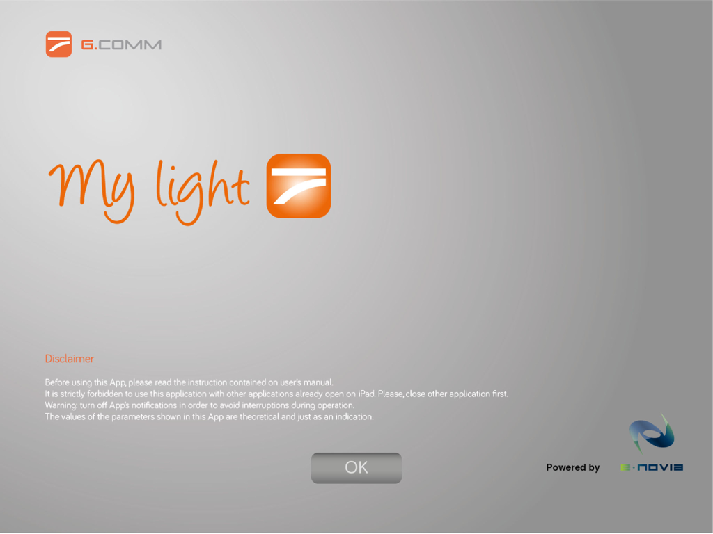 My light wifi - My light wifiアプリのスプラッシュスクリーン、免責事項とOKボタンが表示されています