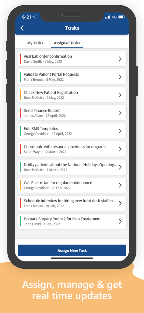 Avalon EMR - Avalon EMR app screen displaying a list of assigned clinical and administrative tasks for medical staff