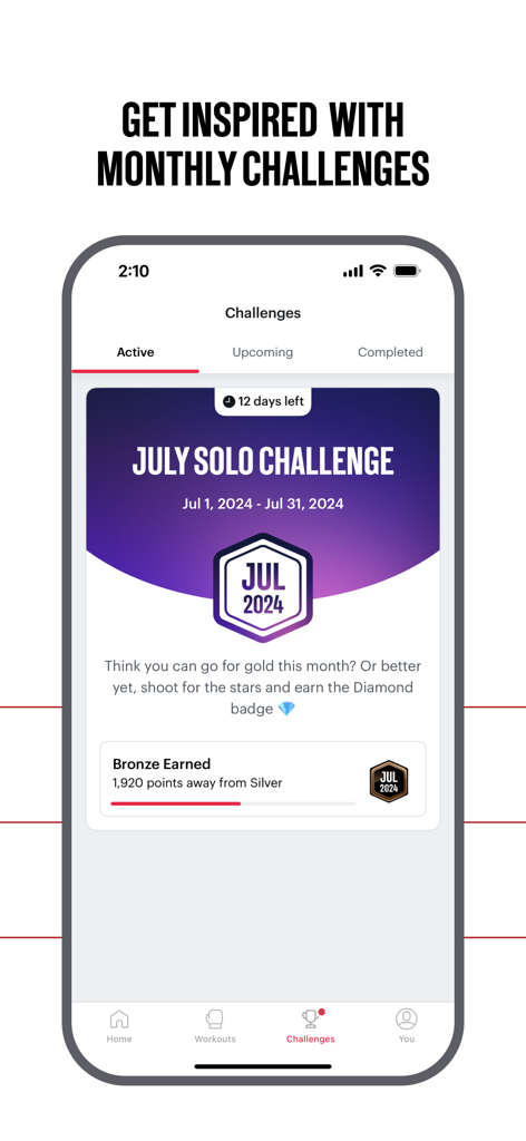 FightCamp app screen showing active monthly boxing challenges and user progress toward earning badges