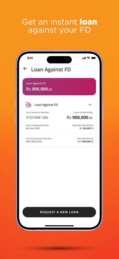 Genie - Genie mobile app interface displaying details for a loan against a fixed deposit including outstanding balance and installment dates.