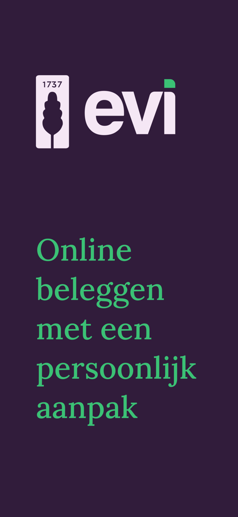 Mijn Evi - Pantalla de inicio de la aplicación Mijn Evi con el logo y el eslogan sobre inversiones personales en línea