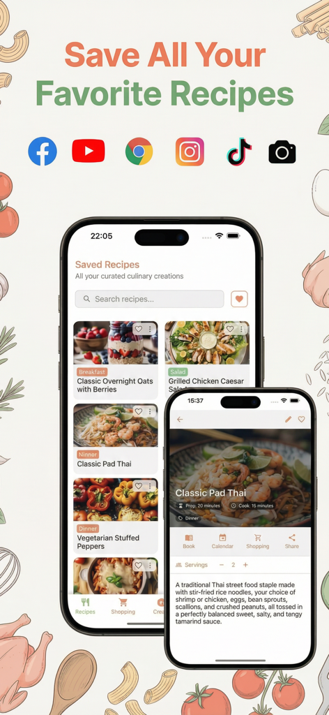 Interfaz de la aplicación FoodiePrep que muestra una colección de recetas guardadas con iconos para importar desde plataformas de redes sociales como TikTok e Instagram.