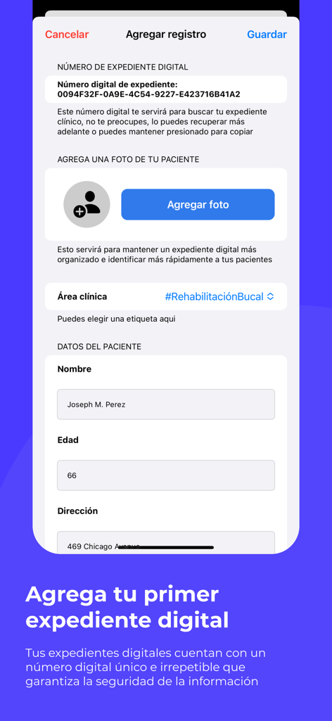 OneClick: Expedientes Dentales - OneClick app screen for adding a new digital dental record including patient photo and clinical details.