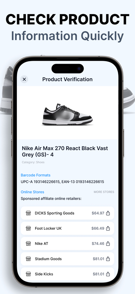 Mobile app interface showing product verification and price comparison for a pair of sneakers.