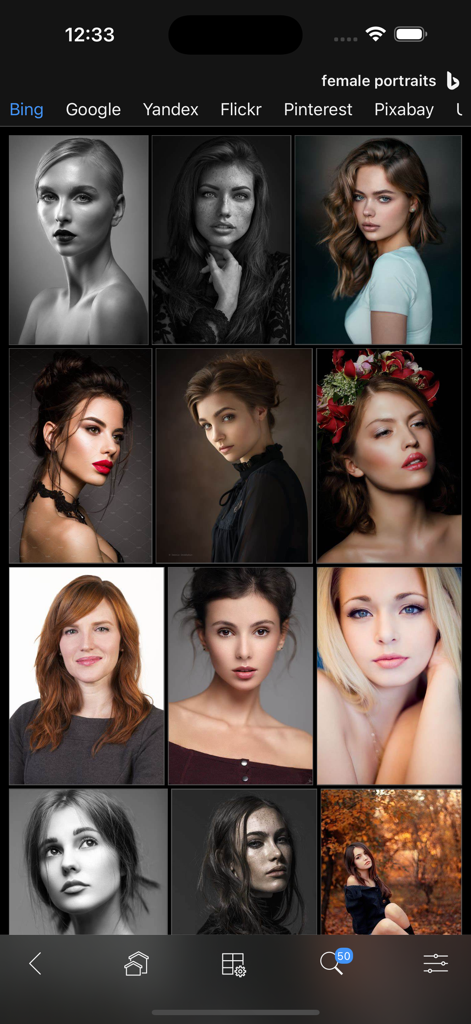das Image Search and Explore - Search results for female portraits on Bing displayed in a grid layout within the das Image Search and Explore app.