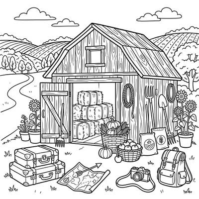 Escape to a charming blend of rural life and exciting adventures with this unique coloring page. Featuring a rustic storage barn alongside delightful vacation essentials, it's perfect for a creative getaway.