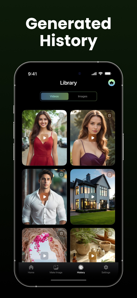 AI Photo to Video - Daziro - Daziro app library screen displaying a grid of generated AI videos and images