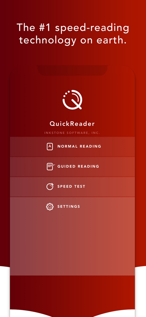 El menú principal de la aplicación de lectura rápida QuickReader mostrando opciones para lectura guiada y pruebas de velocidad