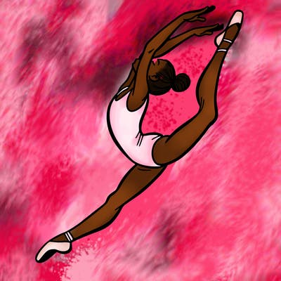 gymnast doing a leap in a leotard with a bent back leg