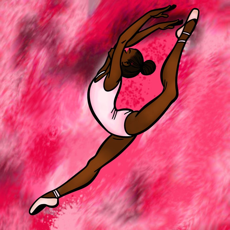 gymnast doing a leap in a leotard with a bent back leg