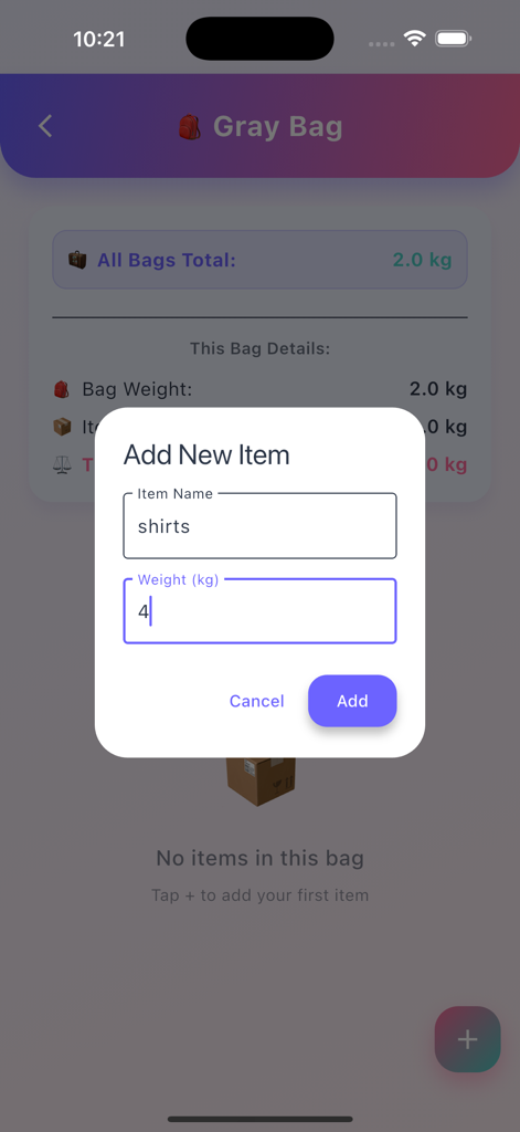 Bagga Calc app interface showing a popup to add a new item name and weight to a travel bag.