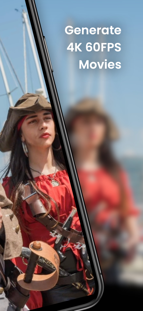 Écran de smartphone montrant un personnage pirate avec un visage échangé et le texte "Generate 4K 60FPS Movies"