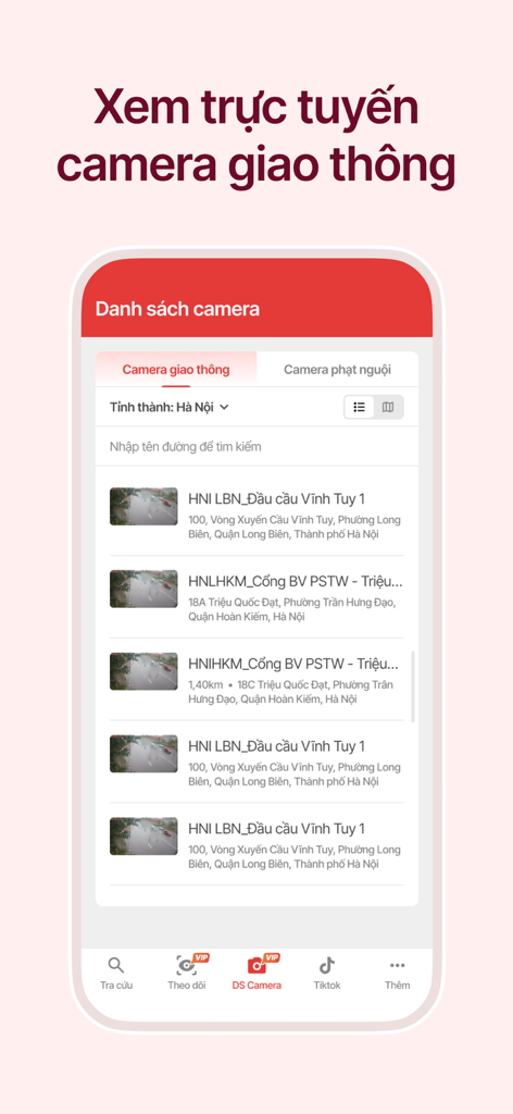 Interface of a mobile app showing a list of live traffic cameras in Hanoi Vietnam