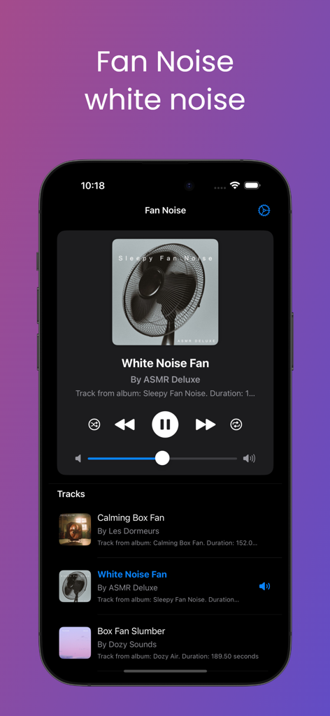 Fan Noise White Sleep Sounds - Una interfaz de aplicación móvil para Fan Noise White Sleep Sounds que muestra un reproductor de audio y una lista de pistas de ventilador