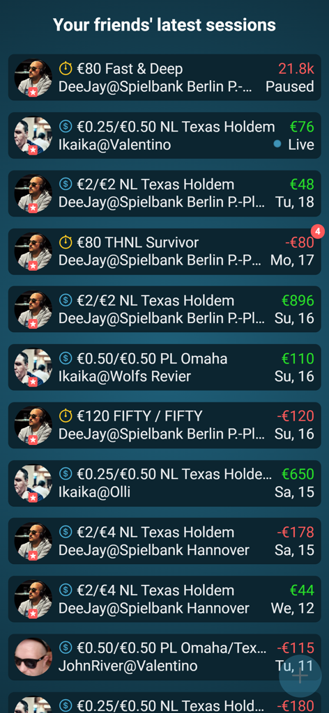 Una lista de las últimas sesiones de póker de amigos en la aplicación que muestra las apuestas, ubicaciones y resultados de ganancias y pérdidas.