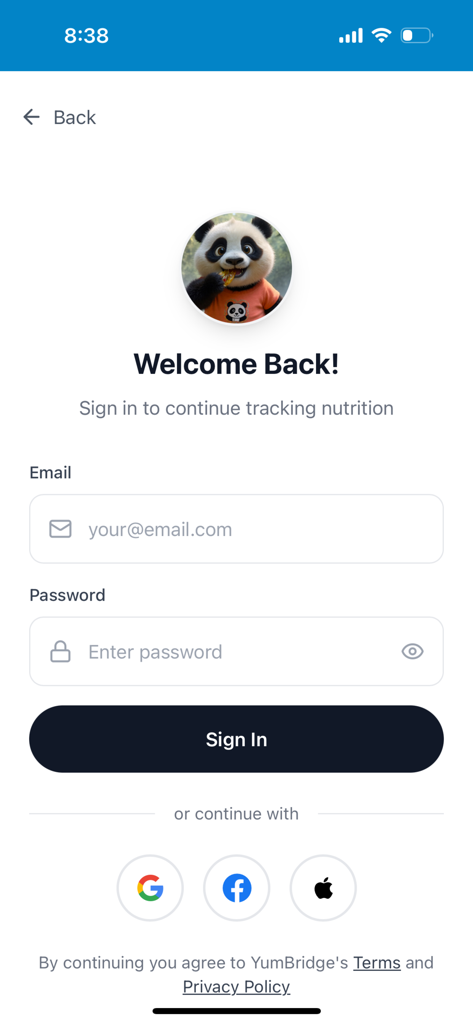 YumBridge – AI Food Tracker - YumBridge app login screen with a panda avatar and sign in options