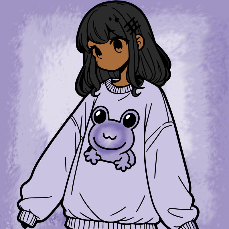 girl wearing frogging sweatshirt
