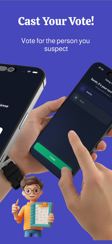 Spy Detect - Smartphone showing the voting interface for players to identify the spy in a social deduction game