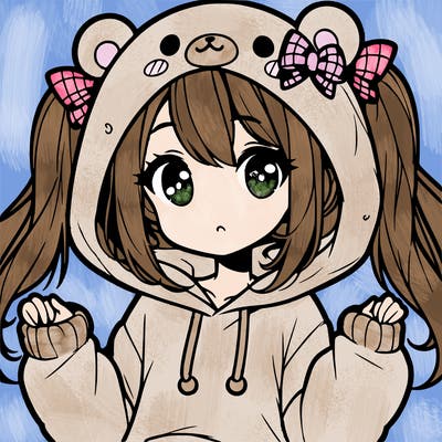 cute anime girl with ponytails and a cute bear hoodie
