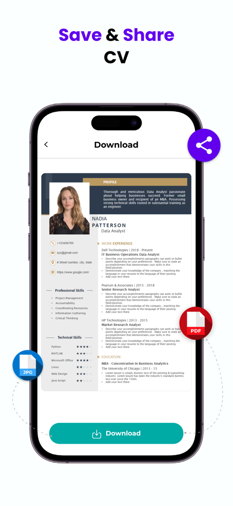 AI Resume Maker - CV Builder - Mobile app interface showing options to save and download a professional CV in PDF and JPG formats.