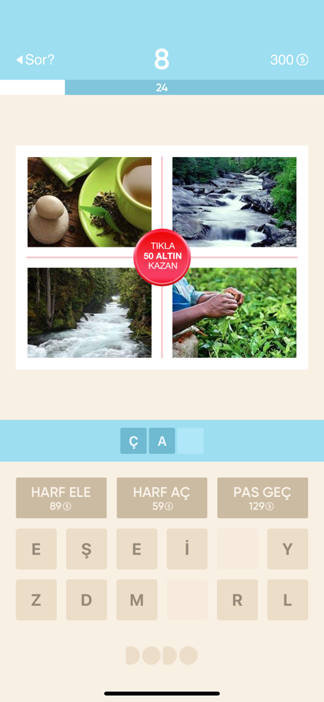 Resimli Kelime Bulmaca - Gameplay of the Turkish word puzzle app showing four images and letter options.