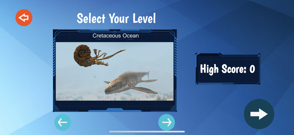恐竜シミュレーターのレベル選択画面。3Dの先史時代の海洋生物が表示された白亜紀の海が表示されています。