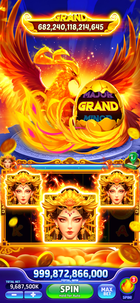 Jackpot Crazy-Vegas Cash Slots - Gameplay screenshot of Jackpot Crazy Vegas Slots showing a fiery phoenix theme and large coin rewards