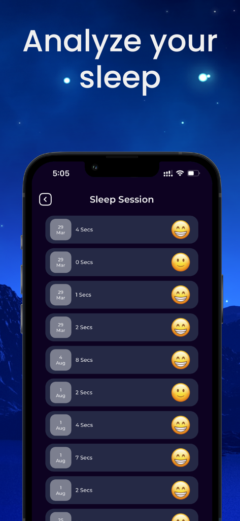 Insomnia Relief - Sleep music - Capture d'écran de l'application Soulagement Insomnie montrant l'écran Historique des sessions de sommeil avec des dates et des icônes de suivi d'humeur