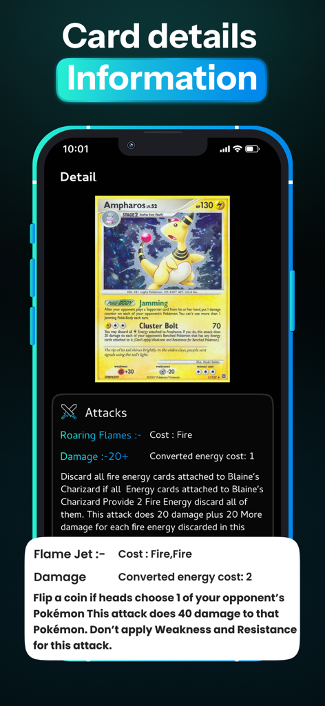 A mobile app interface displaying detailed information and attack stats for an Ampharos Pokemon card