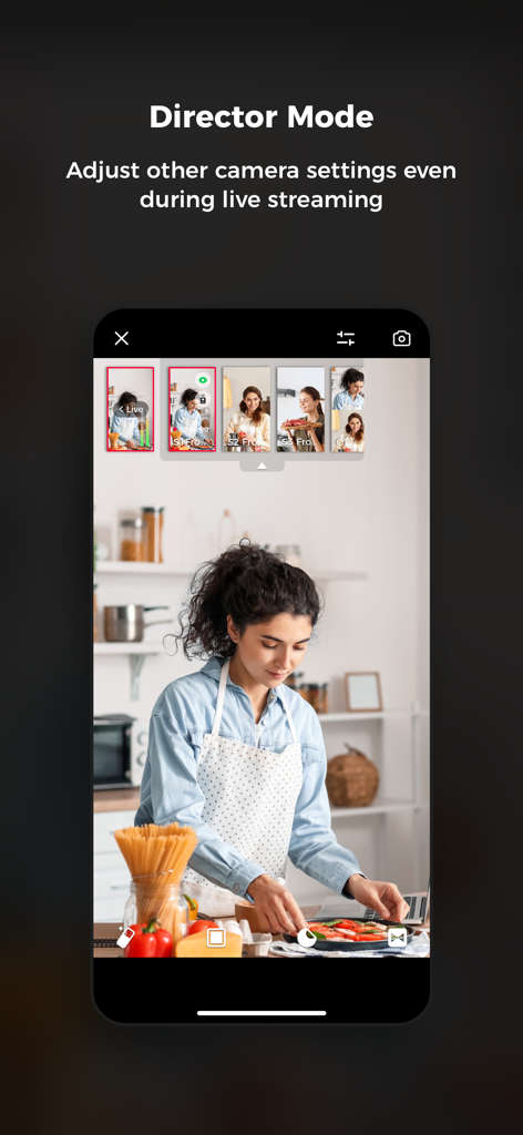 Obsbot Live - The Director Mode interface of the Obsbot Live app showing multi-camera controls during a live cooking stream in portrait mode.