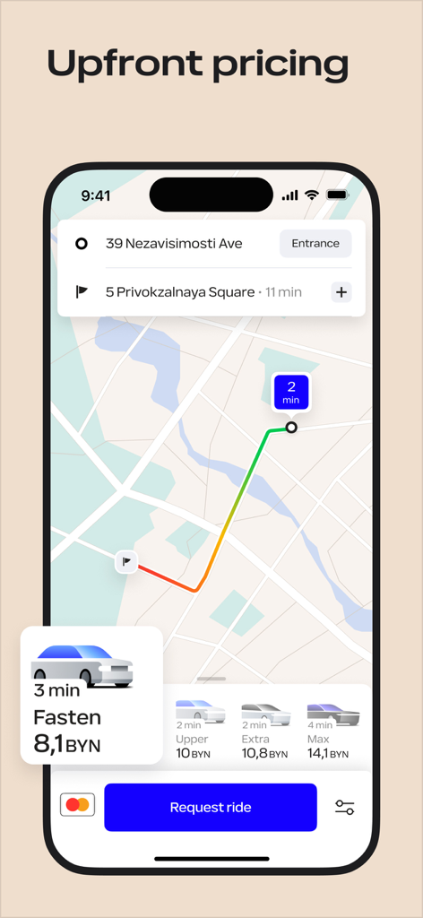Uber BY — request taxis - Interfaz de la aplicación Uber BY que muestra precios transparentes y clases de servicio para un viaje en taxi en un mapa.