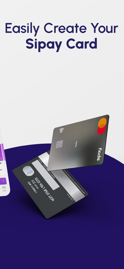 Sipay - Pantalla de la aplicación móvil Sipay que muestra tarjetas digitales y físicas con el texto crea fácilmente tu tarjeta sipay