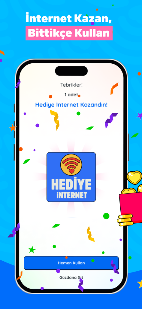 KazandıRio app interface showing a congratulations message for winning a free internet reward with colorful confetti.