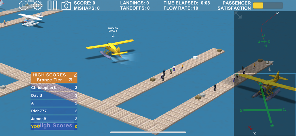 Airport Madness 3D - Gameplay screenshot of Airport Madness 3D showing seaplanes at a harbor dock with radar and leaderboard overlays