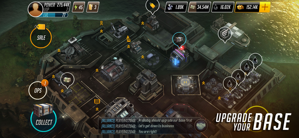 League of War: Mercenaries - An overview of a military headquarters in League of War Mercenaries showing base construction and upgrades.