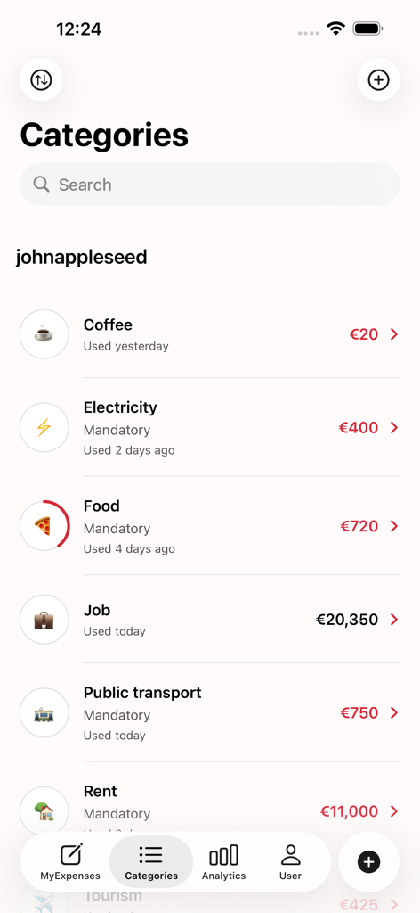 Una lista de categorías de gastos como comida y alquiler en la app MyExpenses en iPhone