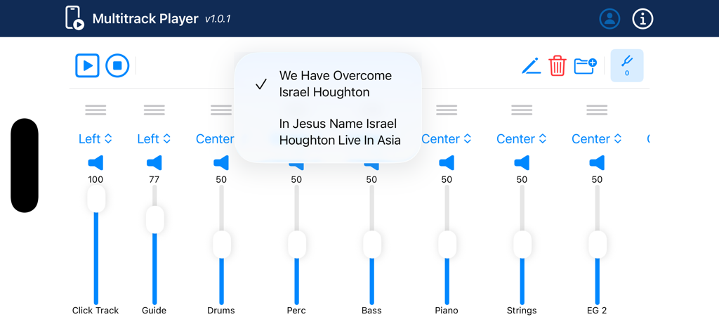 The Multitrack Player - Interface of The Multitrack Player app showing song selection and individual channel volume faders