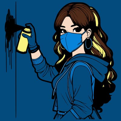 realistic girl with mask spray painting a wall