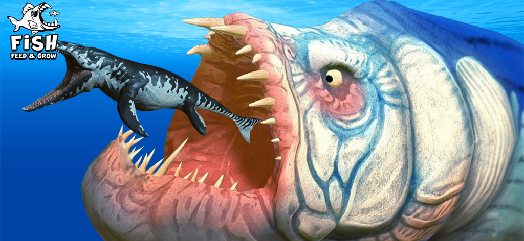 3D Fish Feeding and Grow - A giant 3D sea monster with its mouth wide open about to swallow a smaller marine reptile