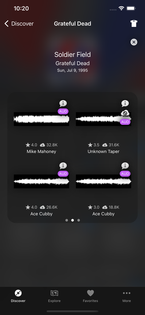 Live Music Archive - Screen showing multiple taper recordings for a Grateful Dead show at Soldier Field